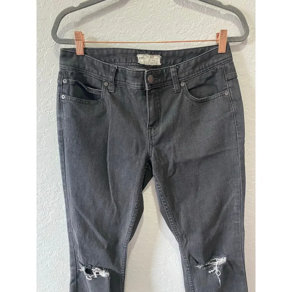 Free People Black Gray Cropped Distressed Jeans Size 29 Boho Classic